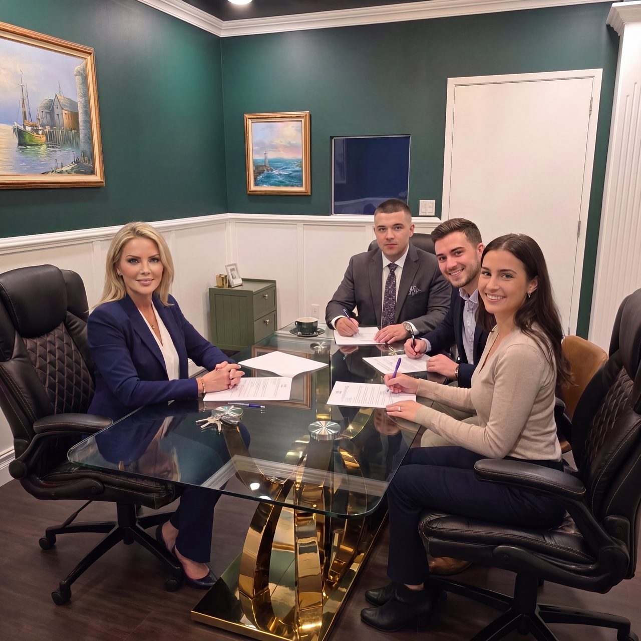 A settlement agent and clients signing documents around a conference table, with house keys on the glass.