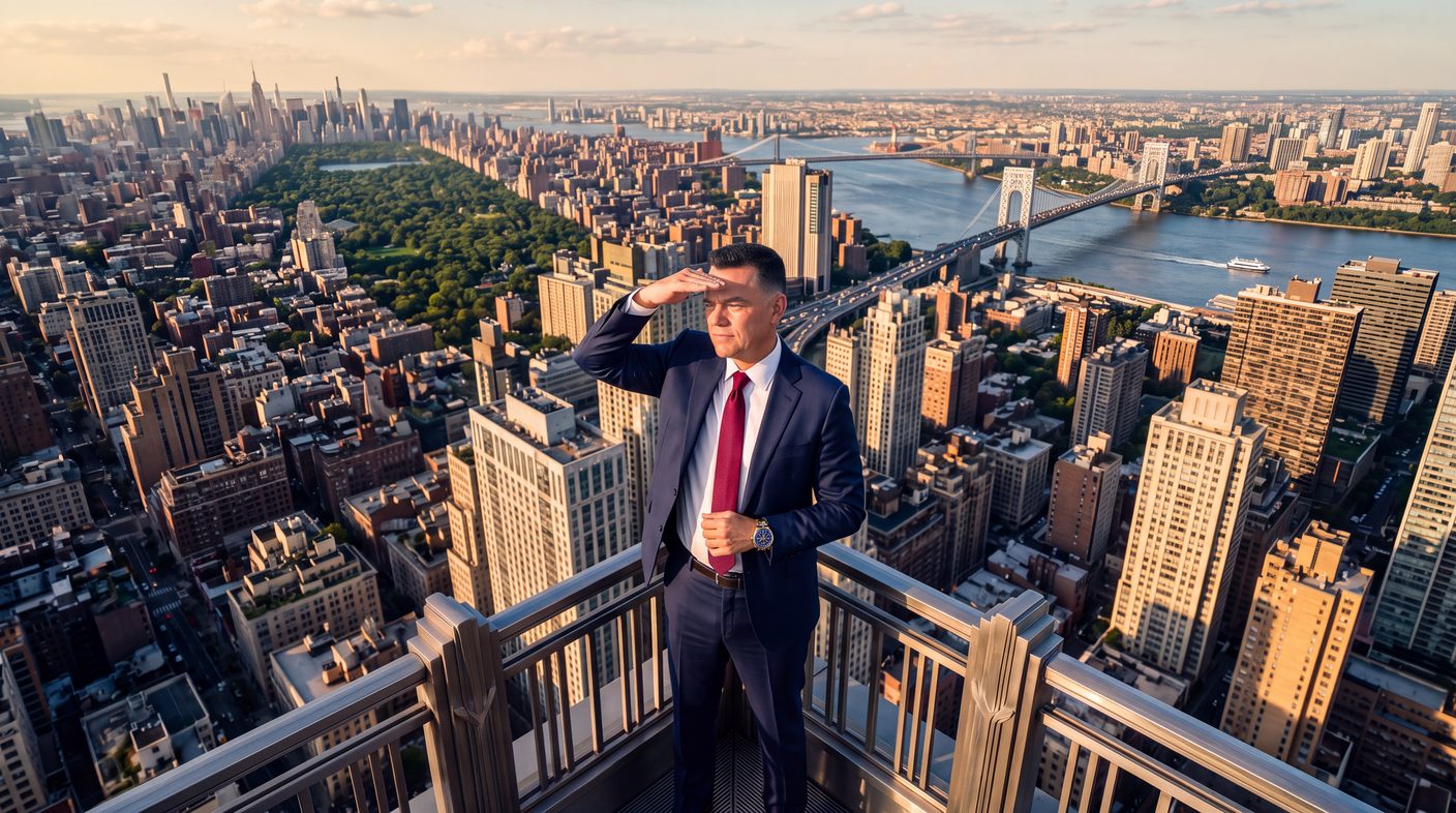 A view over upper Manhattan from a high terrace, looking toward midtown past Central Park, the Hudson River and the George Washington Bridge.