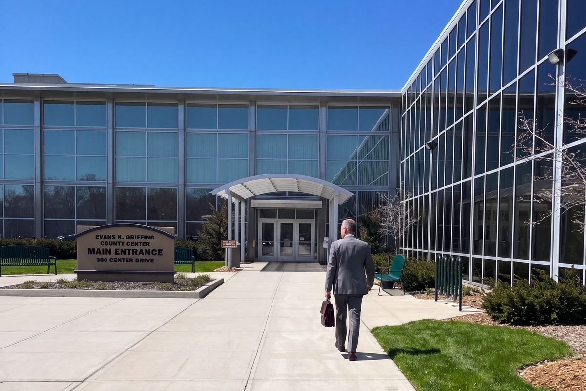 A title professional walking into a county center building to record documents.