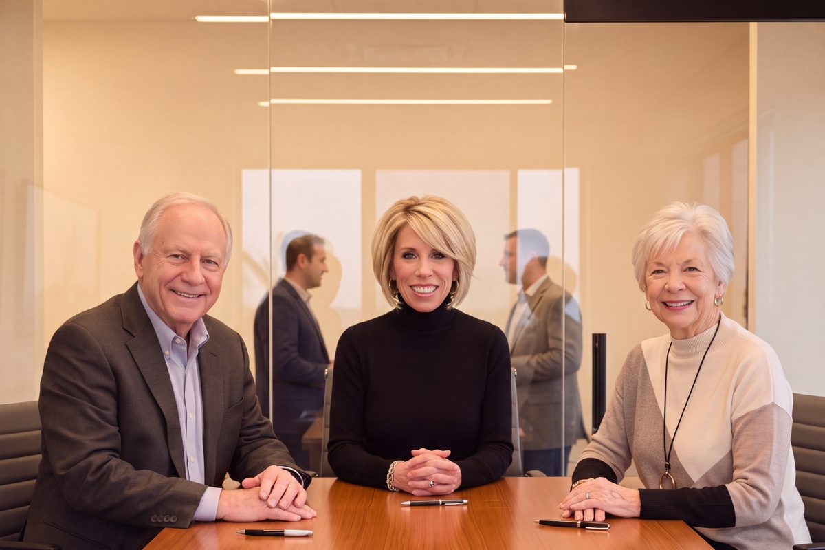 Two clients and their settlement agent at a conference table with a deed and a revocable living trust binder.