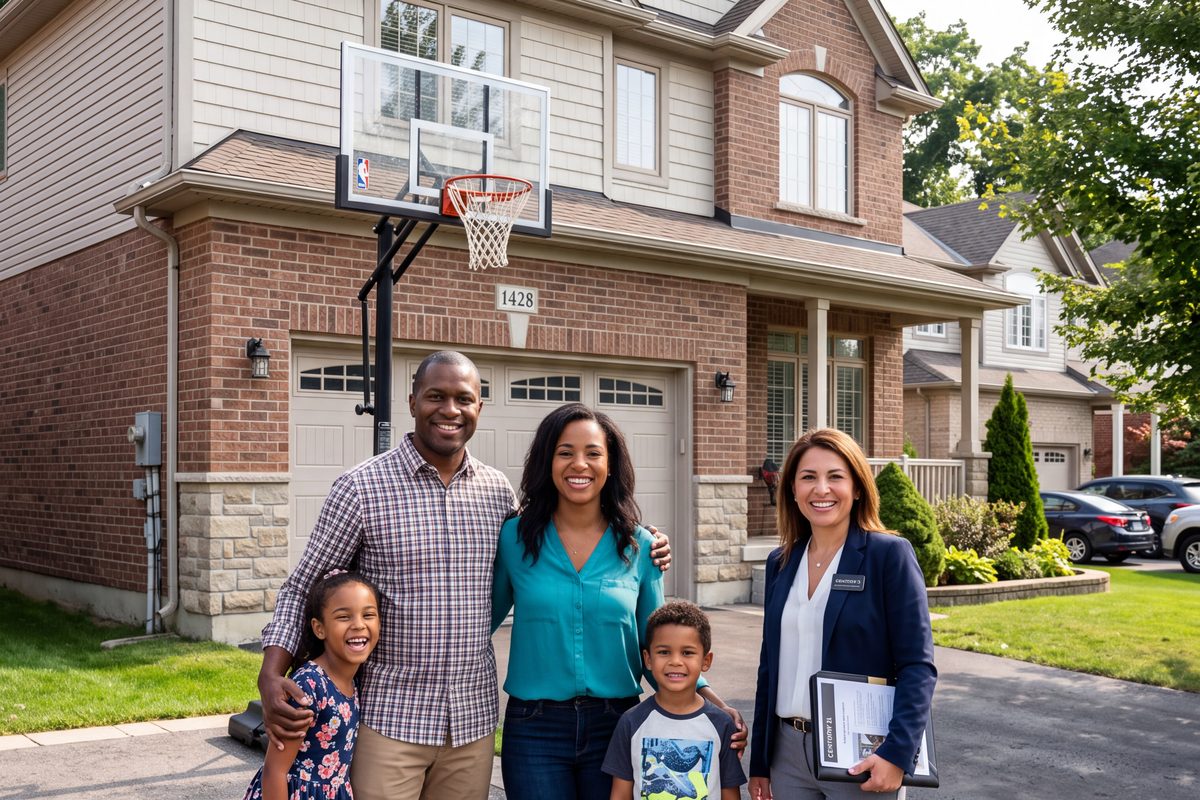 A family standing with their agent in the driveway of their home before it goes on the market.