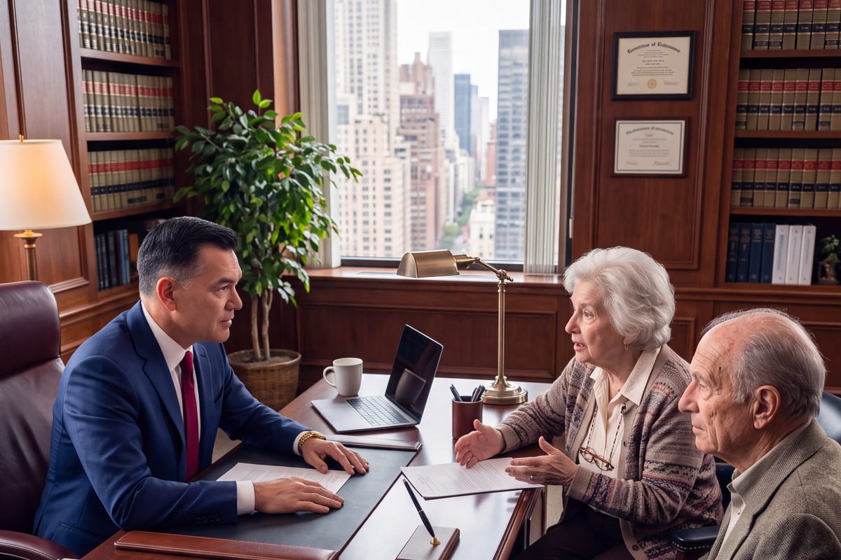 An attorney meeting an older couple across a desk in a law office.