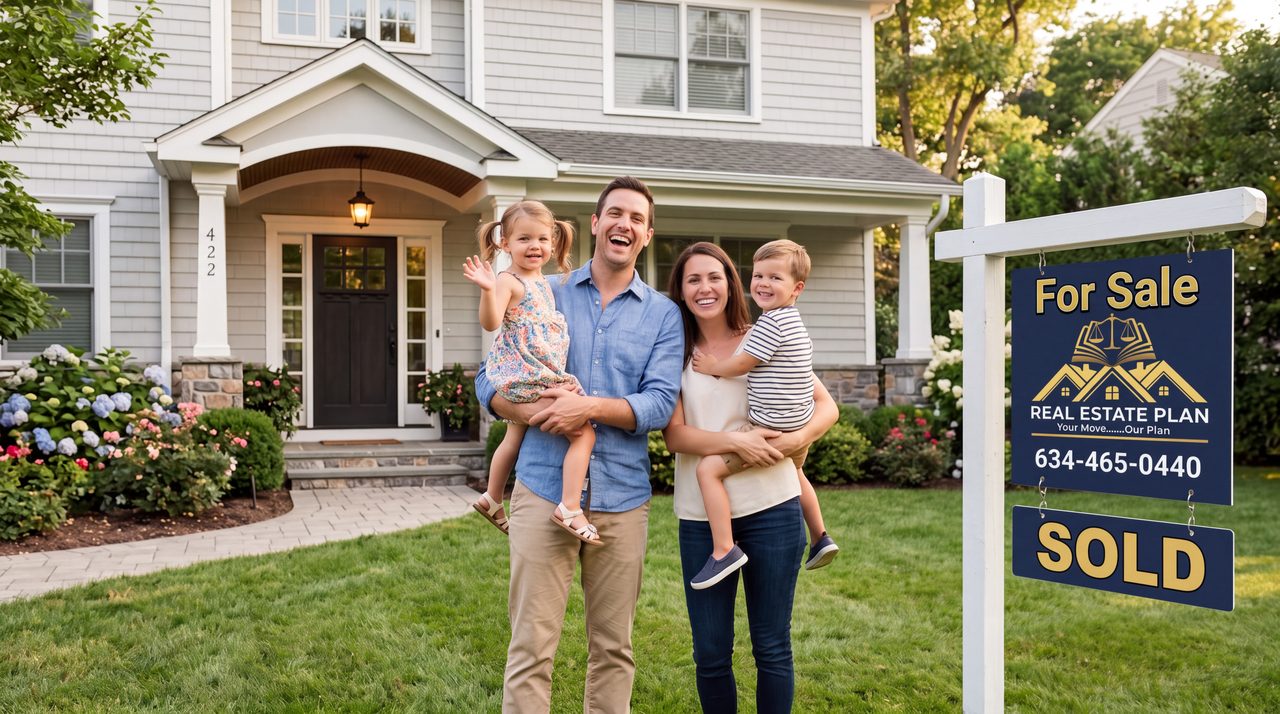 A family of four on the lawn of their new home beside a Real Estate Plan sold sign.